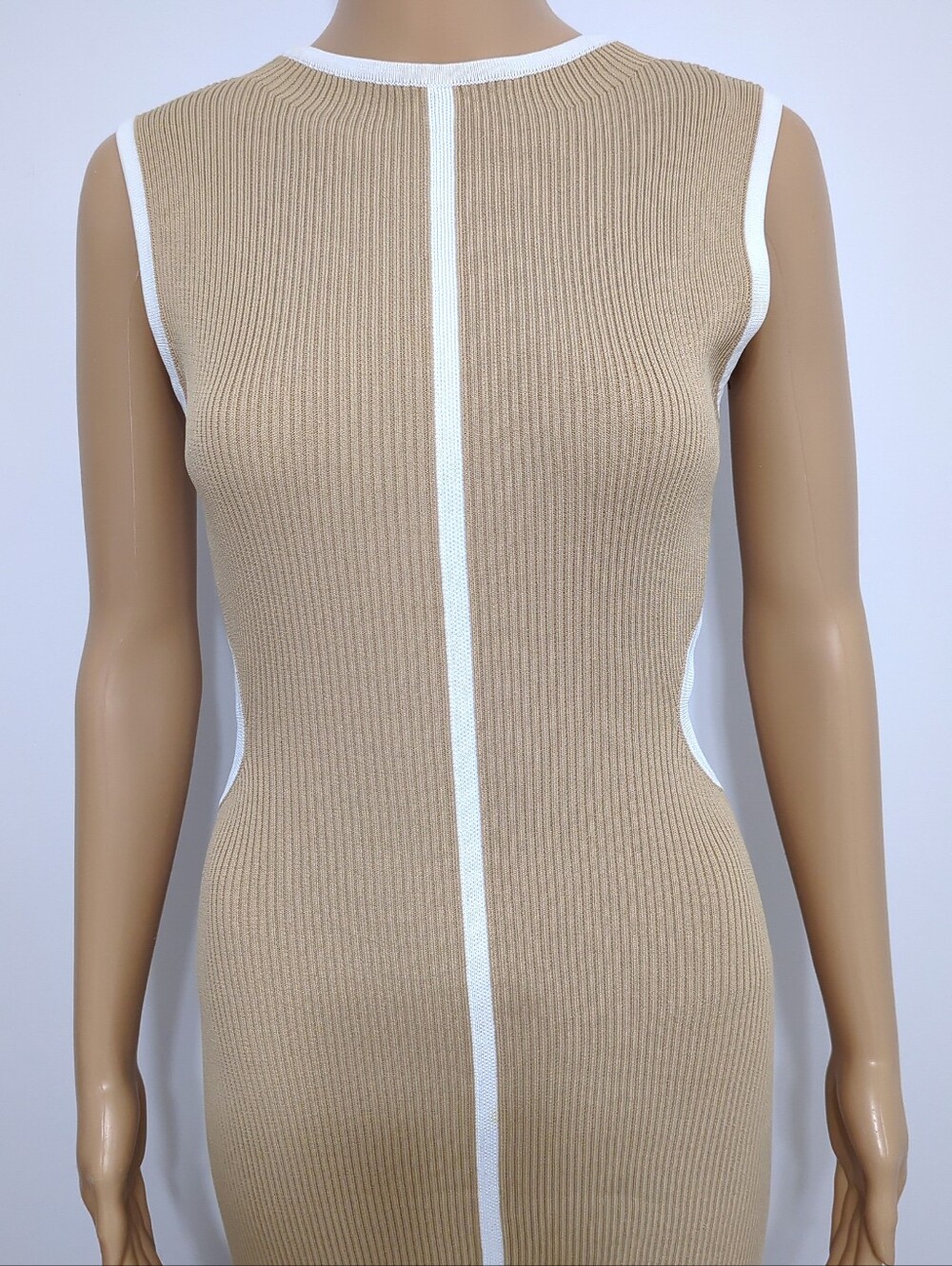 DISSH Binding Wheat Knit Midi Dress Cutout Beige White Piping M Minimalist - Picture 6 of 10